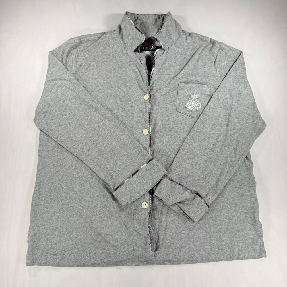 Lauren Ralph Lauren Pajama Top Women L Gray Plaid Trim Crest Button Up Sleepwear